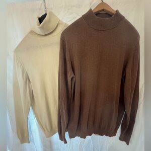 2 Paul Fredrick Cashmere / Silk / Cotton Sweaters (Medium) - brown & cream